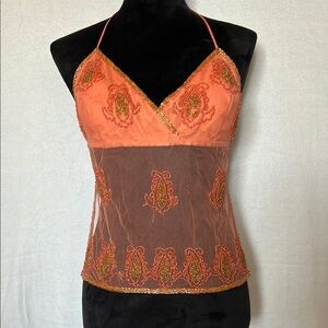 Vintage Beaded Sequin Sheer Backless Halter Top M Orange Y2K 90s Fairy Festival